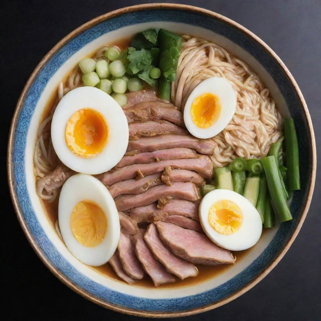 A steaming bowl of ramen containing noodles, broth, and a variety of toppings such as sliced pork, green onions, and a boiled egg, presented in a detailed oriental ceramic bowl.