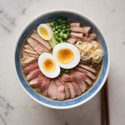 A steaming bowl of ramen containing noodles, broth, and a variety of toppings such as sliced pork, green onions, and a boiled egg, presented in a detailed oriental ceramic bowl.