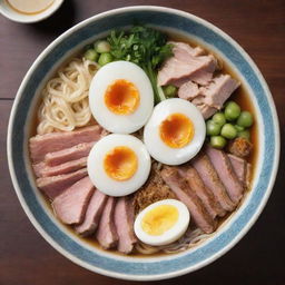 A steaming bowl of ramen containing noodles, broth, and a variety of toppings such as sliced pork, green onions, and a boiled egg, presented in a detailed oriental ceramic bowl.