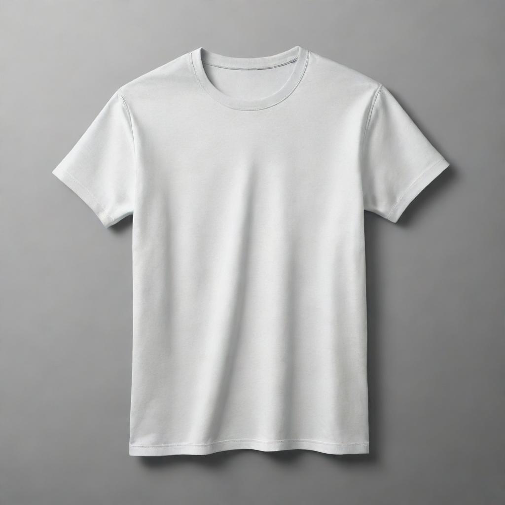 A realistic mock-up of a blank t-shirt. The t-shirt should be positioned flat, in a neutral color with a high amount of details, allowing for easy application of potentially any design.