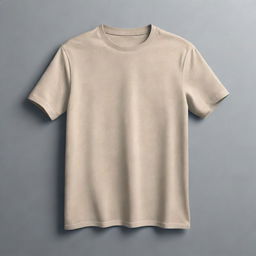 A realistic mock-up of a blank t-shirt. The t-shirt should be positioned flat, in a neutral color with a high amount of details, allowing for easy application of potentially any design.