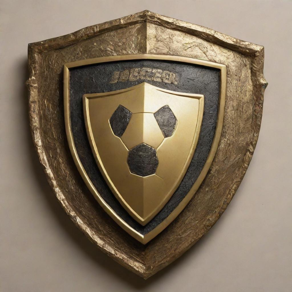 A majestic golden shield, adorned with an empty soccer emblem, surrounded by artistic snippets.