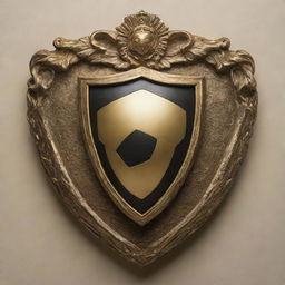 A majestic golden shield, adorned with an empty soccer emblem, surrounded by artistic snippets.