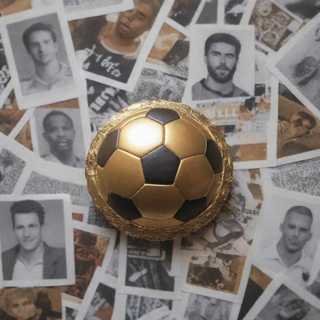 Golden football badge surrounded by artistic clippings.