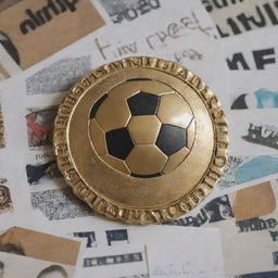 Golden football badge surrounded by artistic clippings.