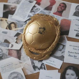 Golden football badge surrounded by artistic clippings.