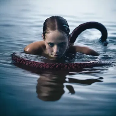 As the swimmer entered the dark and murky water, she suddenly felt a long, slimy tentacle brush against her leg during her breaststroke.