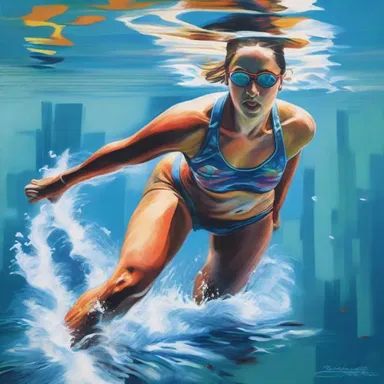 The artist skillfully depicted the graceful movements of a swimmer performing the breaststroke in her mesmerizing painting.