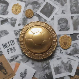 Golden football badge surrounded by artistic clippings.