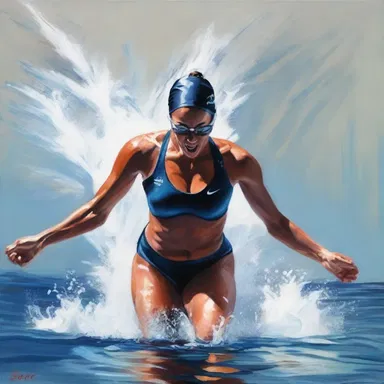 The artist skillfully depicted the graceful movements of a swimmer performing the breaststroke in her mesmerizing painting.