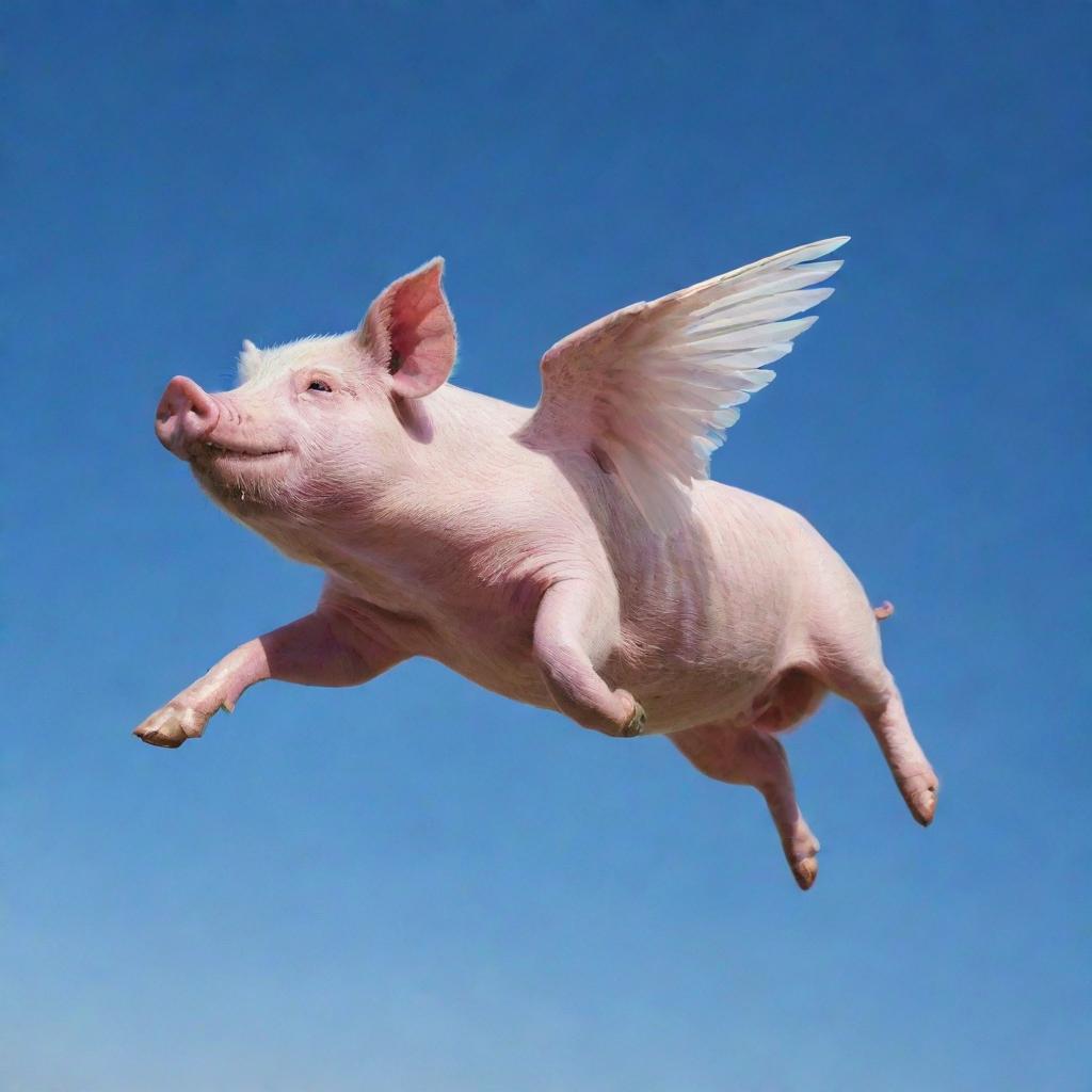 A pig with detailed wings mid-flight against a clear blue sky