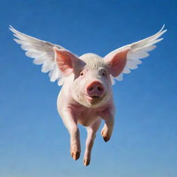 A pig with detailed wings mid-flight against a clear blue sky