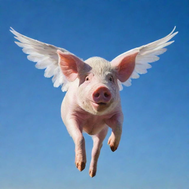 A pig with detailed wings mid-flight against a clear blue sky