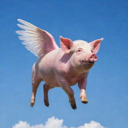 A pig with detailed wings mid-flight against a clear blue sky