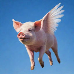 A pig with detailed wings mid-flight against a clear blue sky