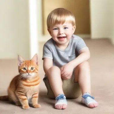 As a prank, the little boy pretended to outroar his pet cat, which resulted in laughter from his friends.
