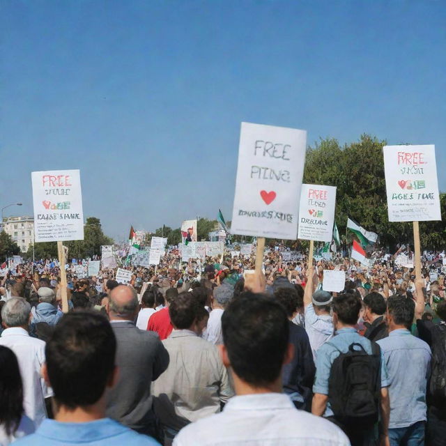 Peaceful demonstration with signs saying 'Free Palestine', under a clear blue sky