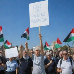 Peaceful demonstration with signs saying 'Free Palestine', under a clear blue sky