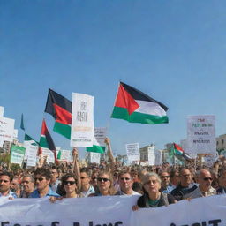 Peaceful demonstration with signs saying 'Free Palestine', under a clear blue sky