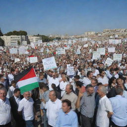 Peaceful demonstration with signs saying 'Free Palestine', under a clear blue sky