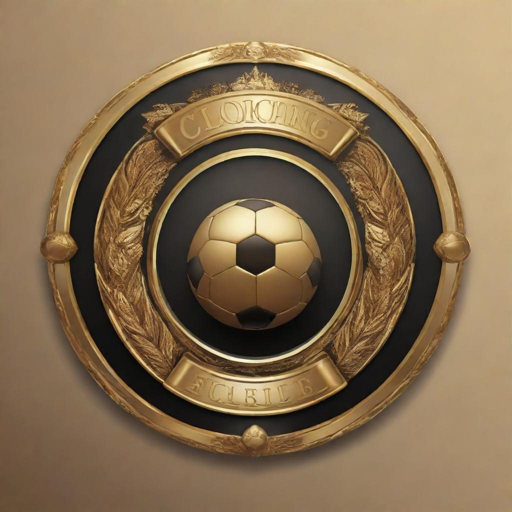 A golden football club logo, adorned with artistic elements and decorations.