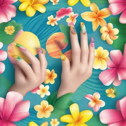 A high-quality digital rendering of a set of manicured nails that evoke the essence of summer