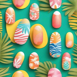 A high-quality digital rendering of a set of manicured nails that evoke the essence of summer