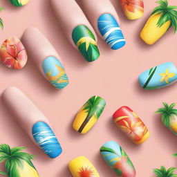 A high-quality digital rendering of a set of manicured nails that evoke the essence of summer