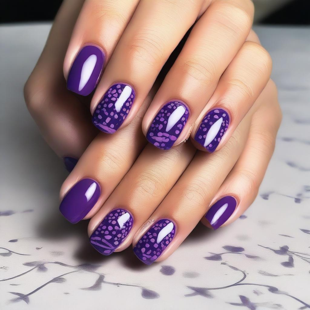 This is a high-quality digital art image showcasing a set of elegantly manicured nails painted in various shades of purple