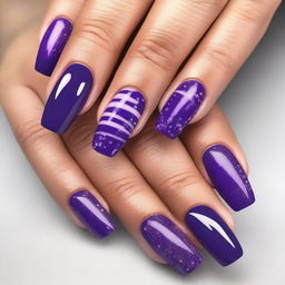 This is a high-quality digital art image showcasing a set of elegantly manicured nails painted in various shades of purple