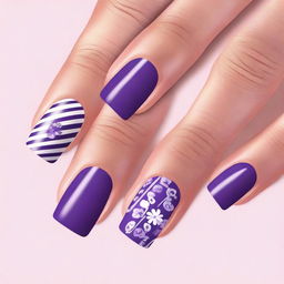 This is a high-quality digital art image showcasing a set of elegantly manicured nails painted in various shades of purple