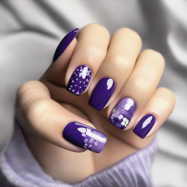 This is a high-quality digital art image showcasing a set of elegantly manicured nails painted in various shades of purple