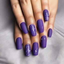 A top-quality digital art piece displaying a set of manicured nails in various shades of matte purple