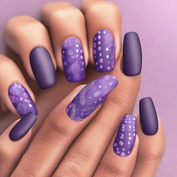 A top-quality digital art piece displaying a set of manicured nails in various shades of matte purple