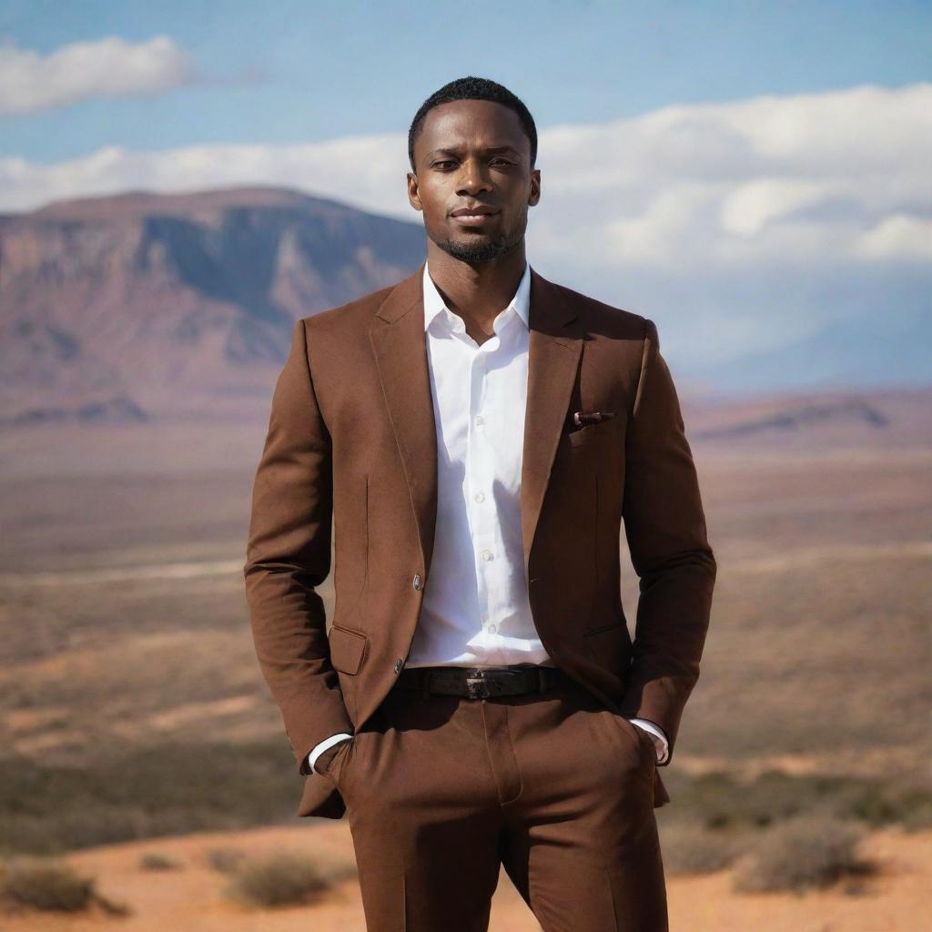 A confident, strong, black and brown skinned man standing tall with an inspiring backdrop