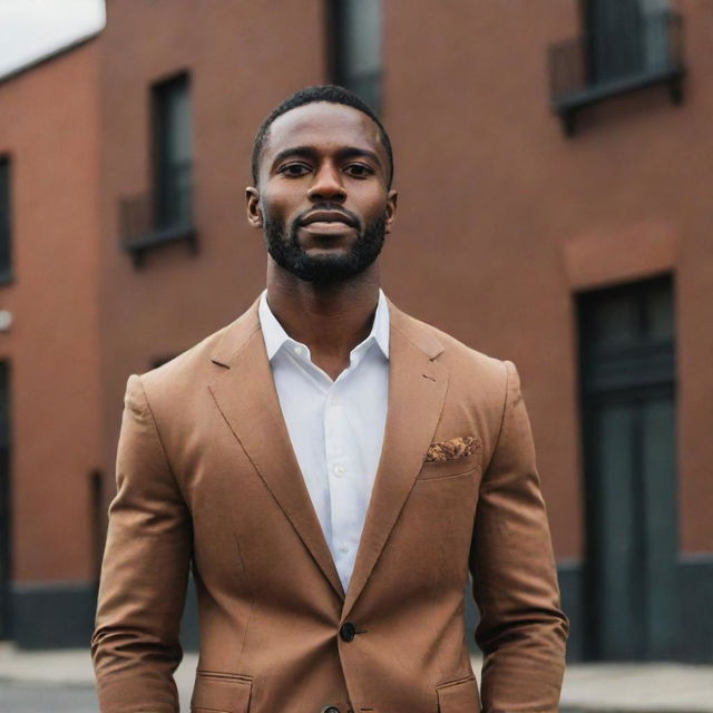 A confident, strong, black and brown skinned man standing tall with an inspiring backdrop