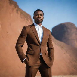 A confident, strong, black and brown skinned man standing tall with an inspiring backdrop