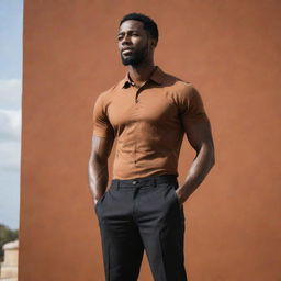 A confident, strong, black and brown skinned man standing tall with an inspiring backdrop