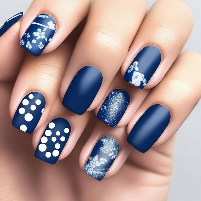 A premium quality digital art image showcasing a set of manicured nails painted in various shades of matte blue