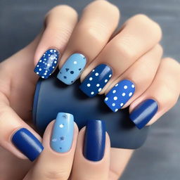 A premium quality digital art image showcasing a set of manicured nails painted in various shades of matte blue