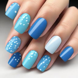 A premium quality digital art image showcasing a set of manicured nails painted in various shades of matte blue