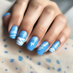 A high-resolution digital art image displaying a set of manicured nails painted in various shades of matte blue, reminiscent of a clear summer sky