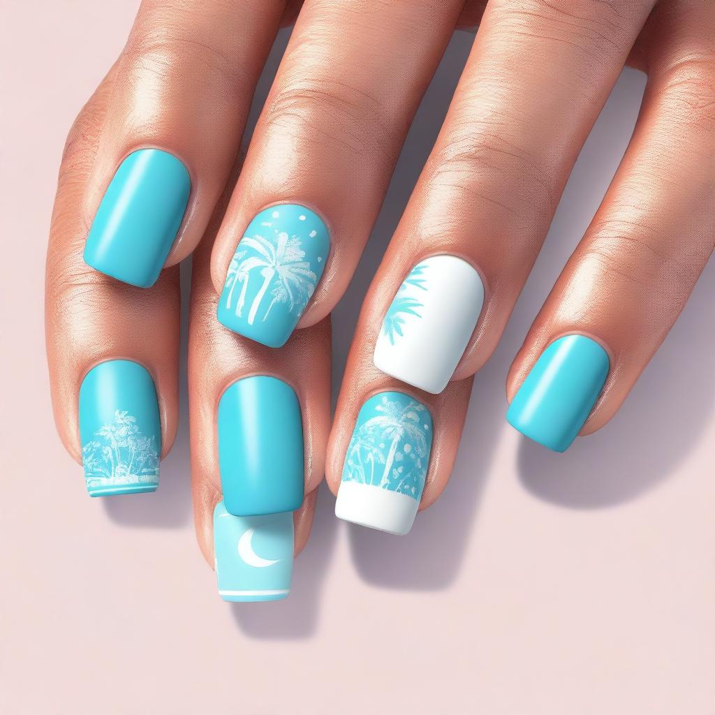 A high-resolution digital art image displaying a set of manicured nails painted in various shades of matte blue, reminiscent of a clear summer sky