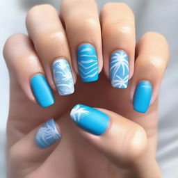 A high-resolution digital art image displaying a set of manicured nails painted in various shades of matte blue, reminiscent of a clear summer sky