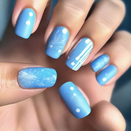 A high-resolution digital art image displaying a set of manicured nails painted in various shades of matte blue, reminiscent of a clear summer sky