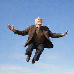 An elderly man gently floating in mid-air, a look of serene joy on his face