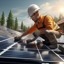 Generate a photorealistic image of a solar panel installer actively engaged in the installation process.