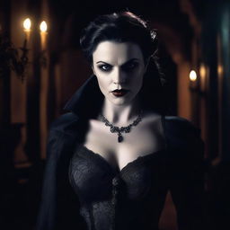 This is a high-quality digital art image, presenting a full-figure shot of a highly detailed, attractive woman in a vampire horror movie setting