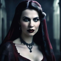 This is a high-quality digital art image, presenting a full-figure shot of a highly detailed, attractive woman in a vampire horror movie setting