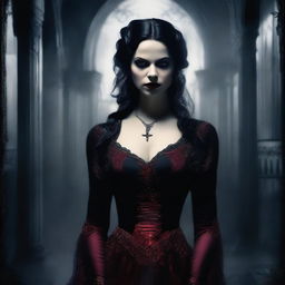 This is a high-quality digital art image, presenting a full-figure shot of a highly detailed, attractive woman in a vampire horror movie setting